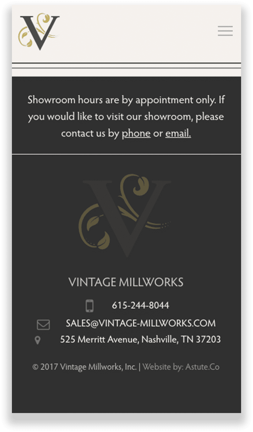 mobile site screen shot for Vintage Millworks website