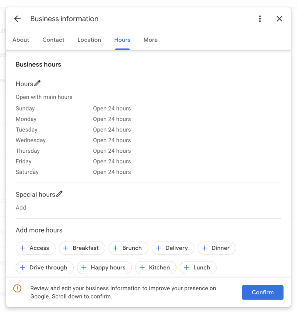 A screenshot of the backend of a Google Business Profile hours sheet.