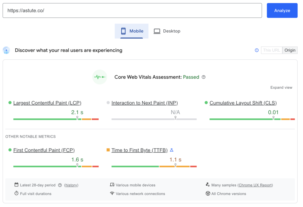 A screenshot of Astute's Core Web Vitals analysis.